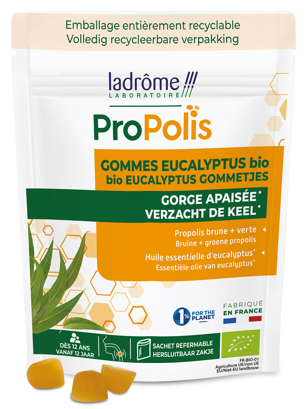 Ladrome Propolis eucalyptus gommetjes doypack bio 45.00 Gram
