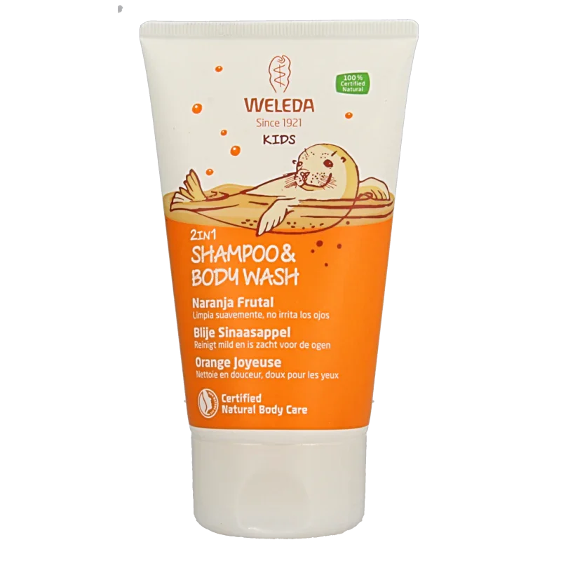 Weleda Kids 2-in-1 shampoo & bodywash blije sinaasappel 150 Milliliter
