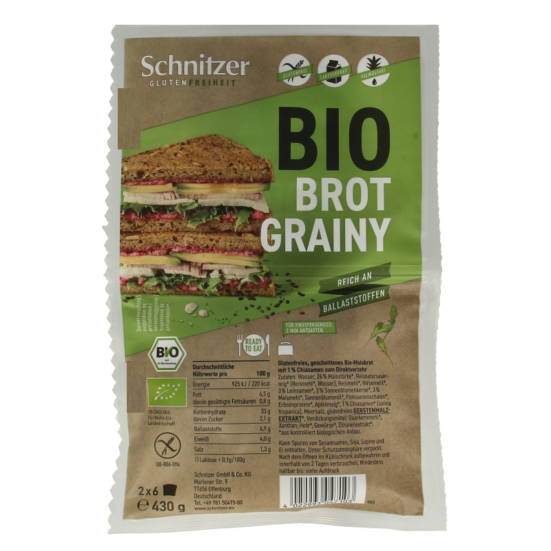 Schnitzer Bread'n toast grainy glutenvrij bio 430 Gram