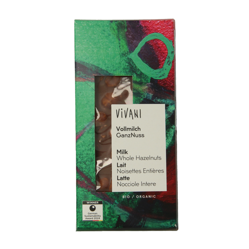 Vivani Chocolade melk met hele hazelnoten bio 100 Gram