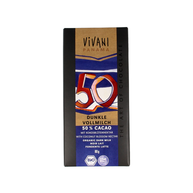 Vivani Chocolade melk donker 50% kokosbloesemsuiker bio 80 Gram