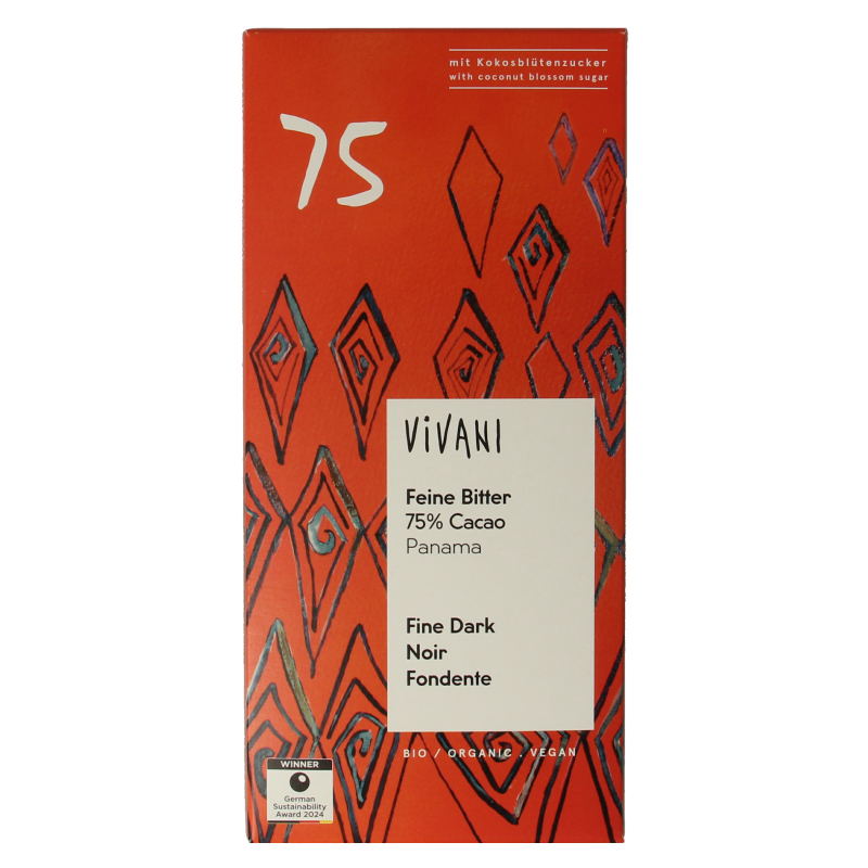 Vivani Chocolade puur 75% kokosbloesemsuiker bio 80 Gram