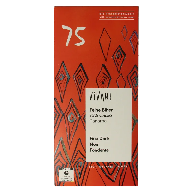 Vivani Chocolade puur 75% kokosbloesemsuiker bio 80 Gram