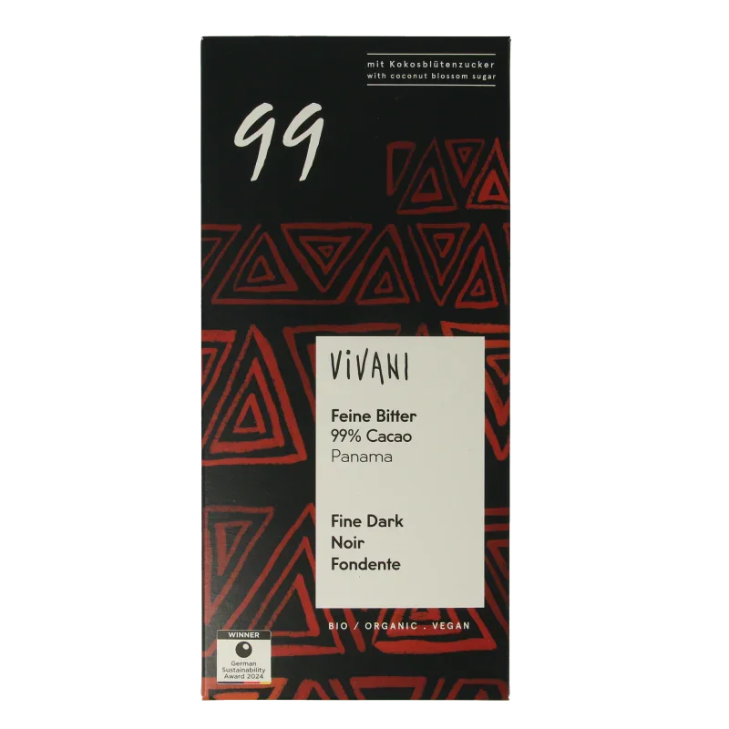 Vivani Chocolade puur 99% kokosbloesemsuiker bio 80.00 Gram