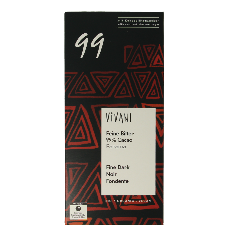 Vivani Chocolade puur 99% kokosbloesemsuiker bio 80 Gram