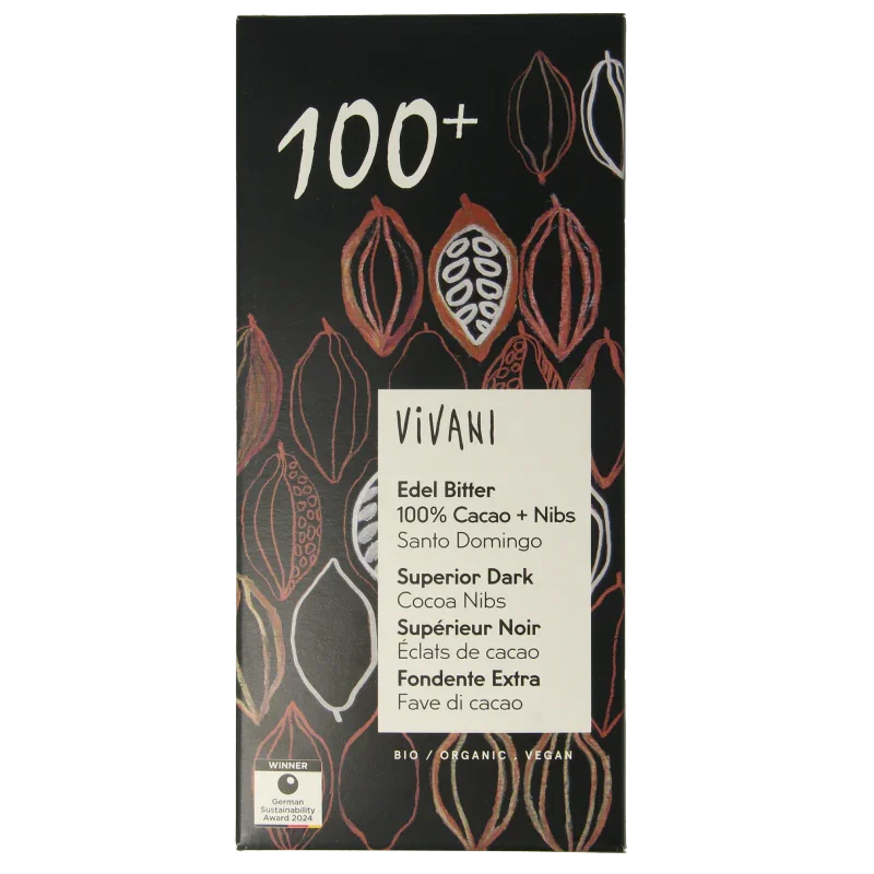Vivani Chocolade puur 100% + cacao nibs bio 80 Gram