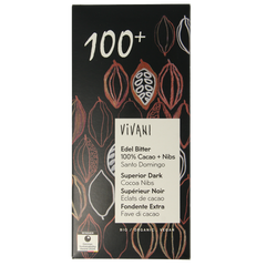 Vivani Chocolade puur 100% + cacao nibs bio 80 Gram