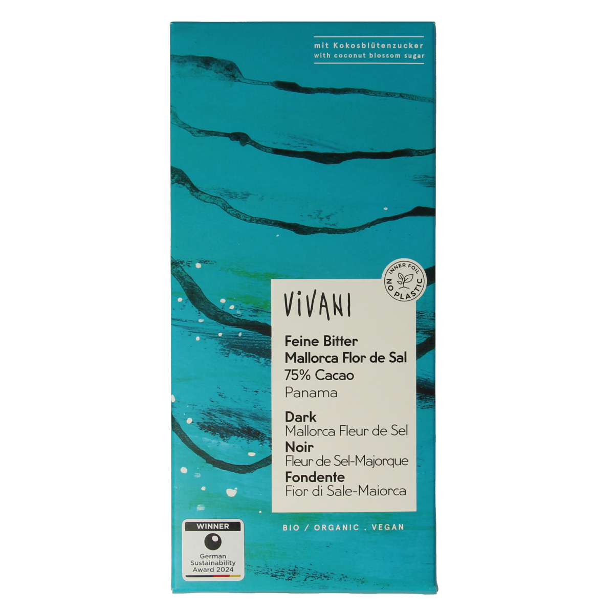 Vivani Chocolade puur zeezout 75% kokosbloesemsuiker bio 80.00 Gram