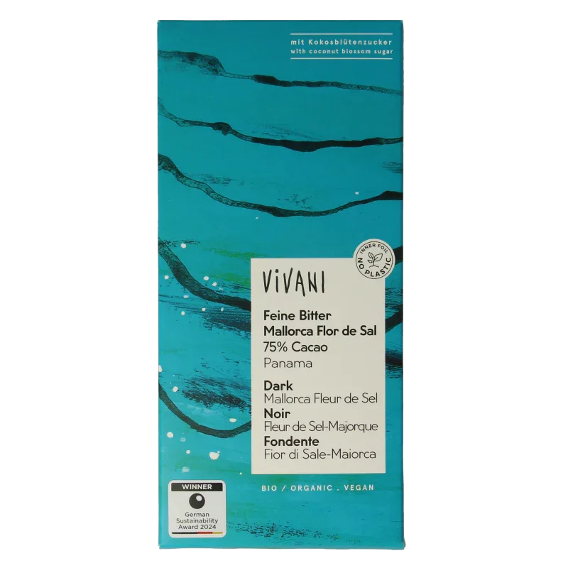 Vivani Chocolade puur zeezout 75% kokosbloesemsuiker bio 80 Gram