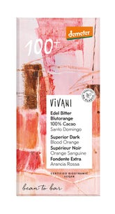 Vivani Chocolade Demeter puur 100% bloedsinaasappel bio 90.00 Gram