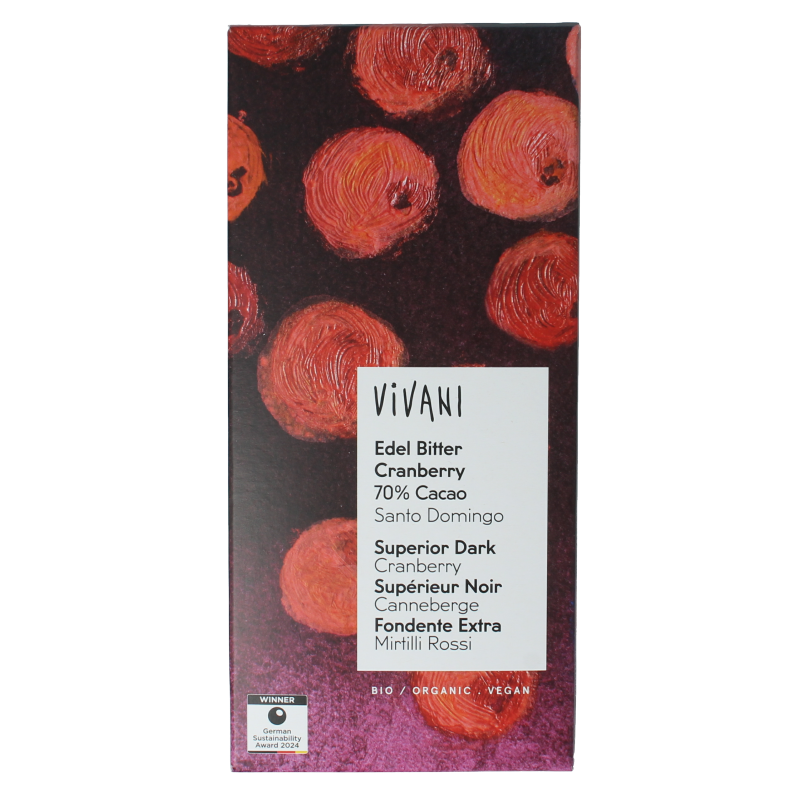 Vivani Chocolade puur cranberry 70% bio 80.00 Gram