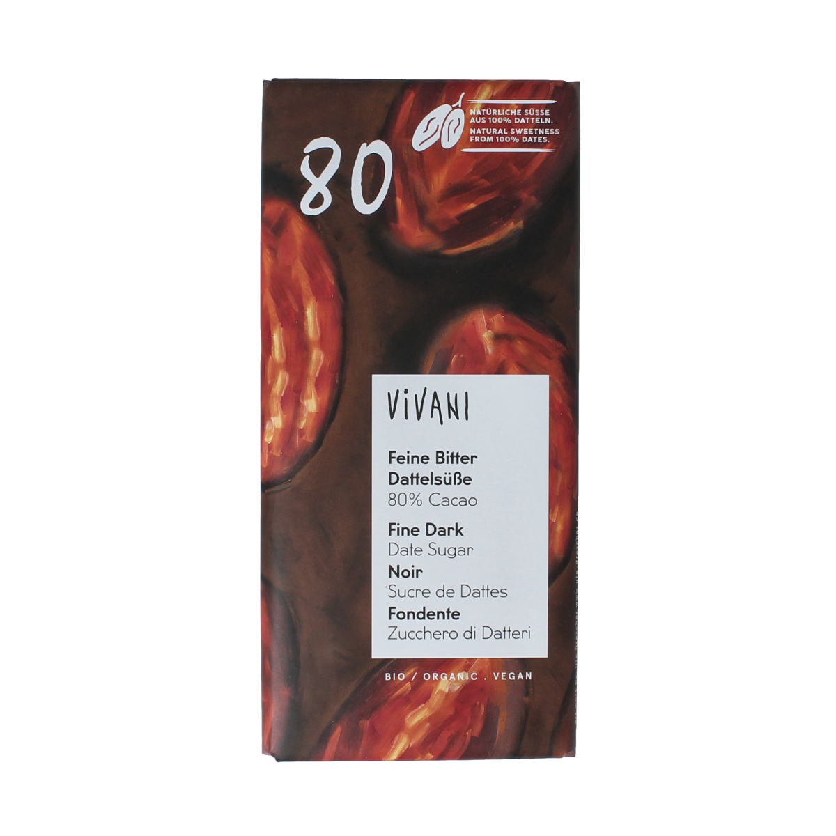 Vivani Chocolade puur 80% dadel gezoet bio 80.00 Gram