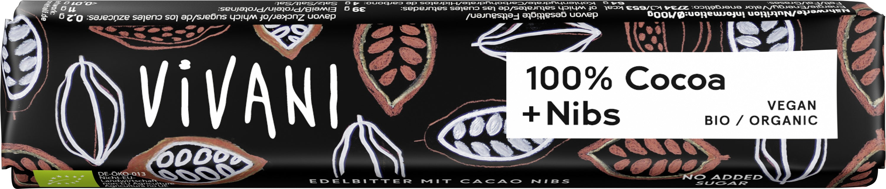 Vivani Chocolate to go puur 100% + nibs bio 25.00 Gram