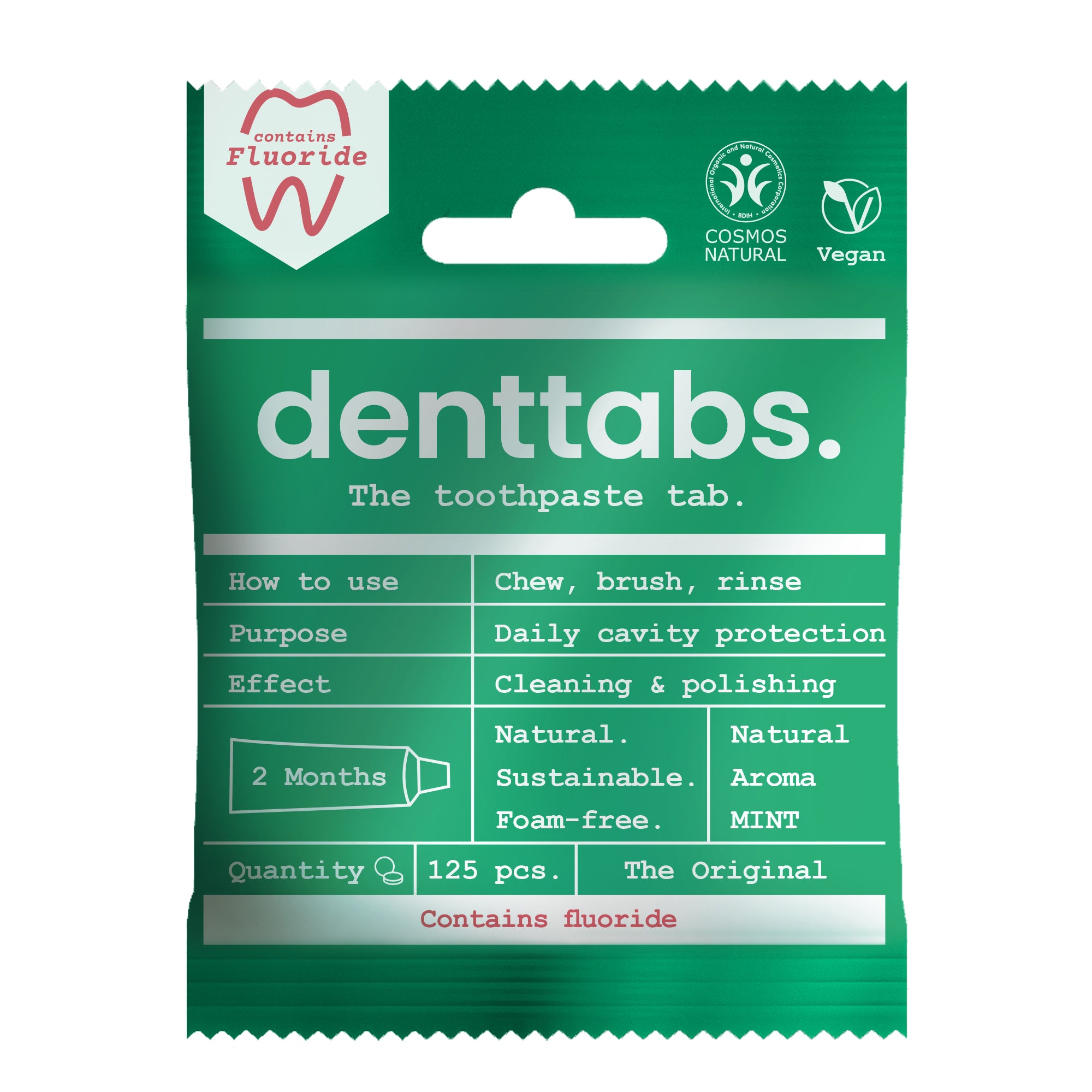Denttabs Tandpasta tabletten munt met fluor vegan 125.00 Stuks