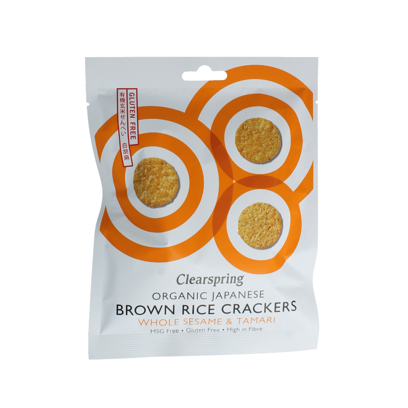 Clearspring Bruine rijstcracker met sesam & tamari bio 40 Gram