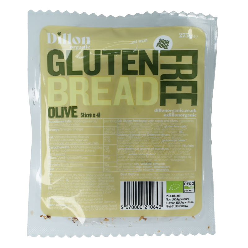 Dillon Organic Sliced bread olive glutenvrij bio demeter 275 Gram
