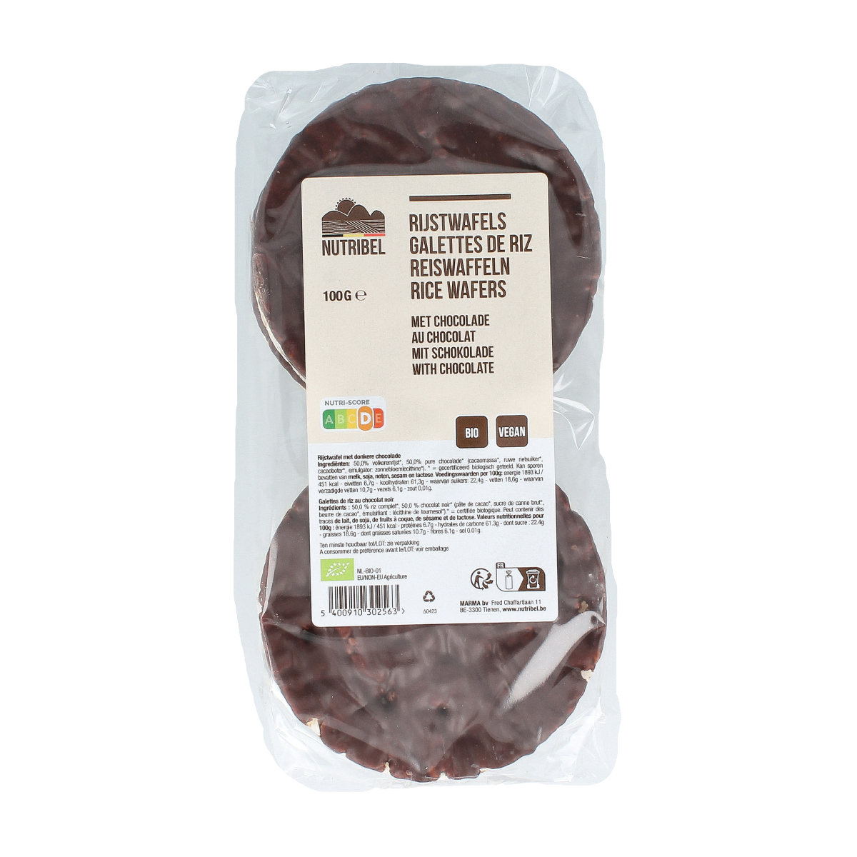 Nutribel Rijstwafels met pure chocolade bio 100.00 Gram