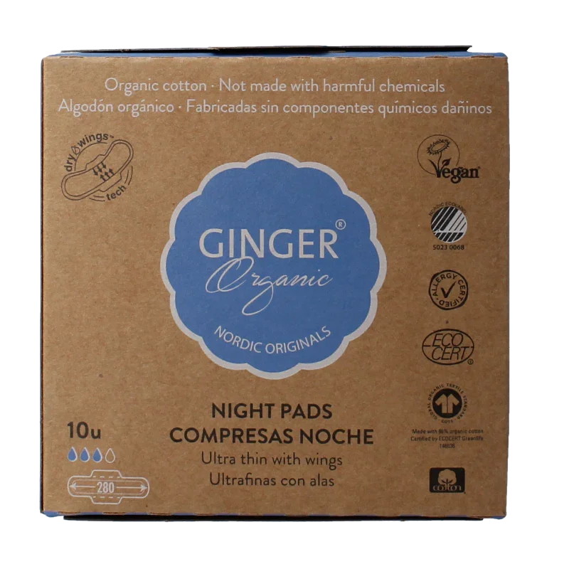 Ginger Organic Maandverband nacht met vleugels 10 Stuks