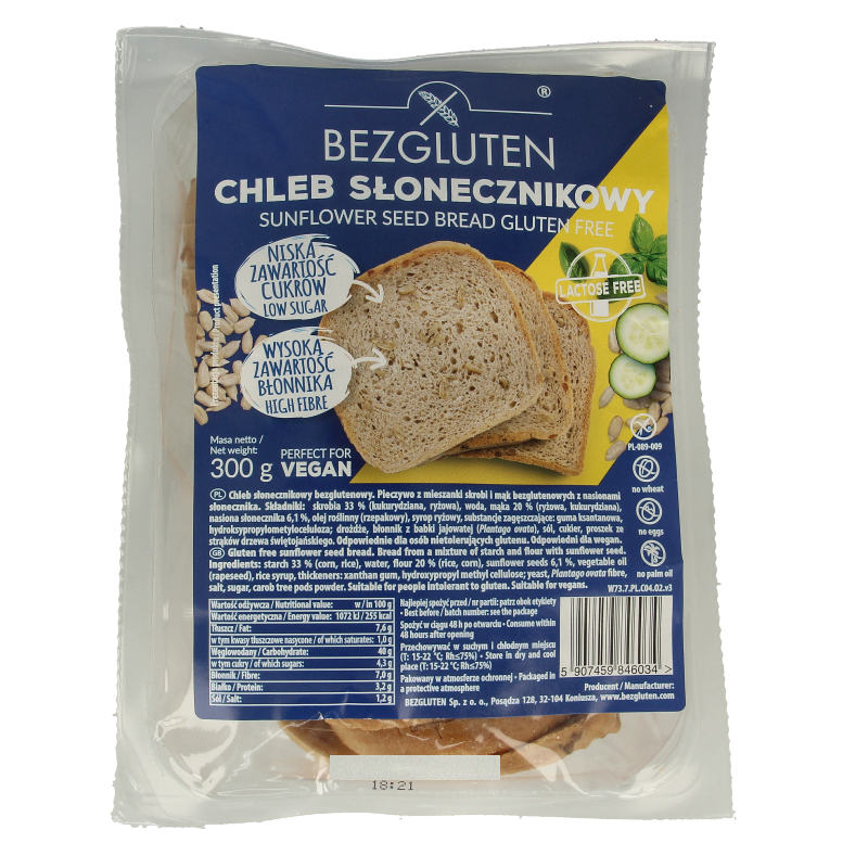 Bezgluten Zonnebloempittenbrood gesneden glutenvrij 300 Gram