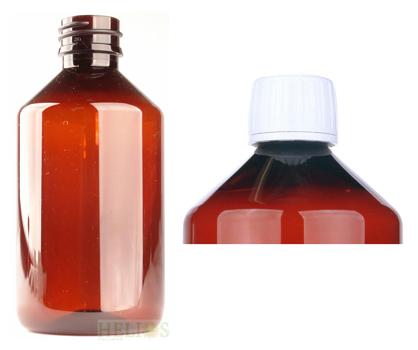 Helios Holland PET medicijnfles 250ml amber incl witte dop 15 Stuks