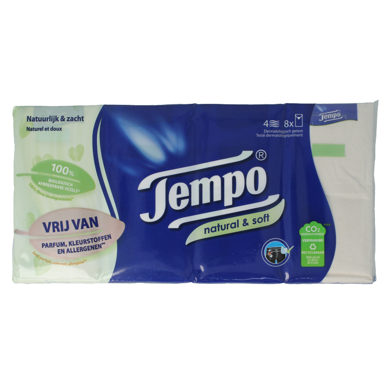 Tempo Natural & soft zakdoekjes 8 x 9 stuks 8 Stuks