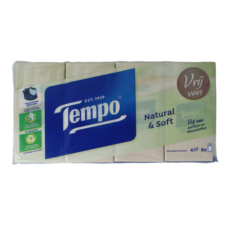 Tempo Natural & soft zakdoekjes 8 x 9 stuks 8 Stuks