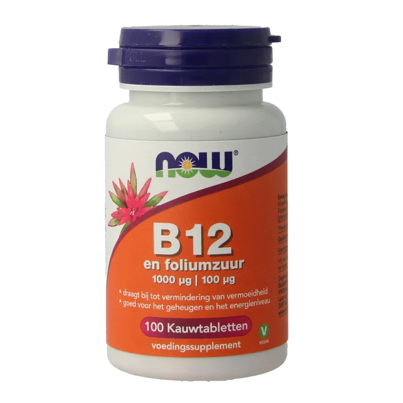 NOW Vitamine B12 1000mcg en Foliumzuur 100mcg 100 Kauwtabletten