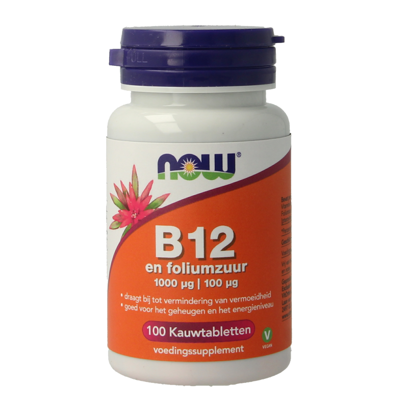 NOW Vitamine B12 1000mcg en Foliumzuur 100mcg 100 Kauwtabletten