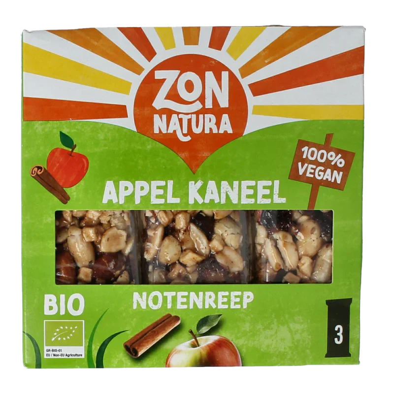 Zonnatura Noten appel kaneel reep 25 gram bio 3 Stuks
