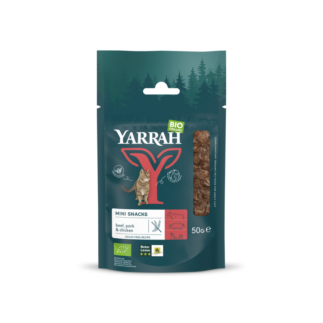 Yarrah Mini snack voor katten met rund varken en kip bio 50.00 Gram