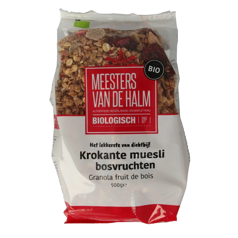 De Halm Muesli krokant bosvruchten bio 500 Gram