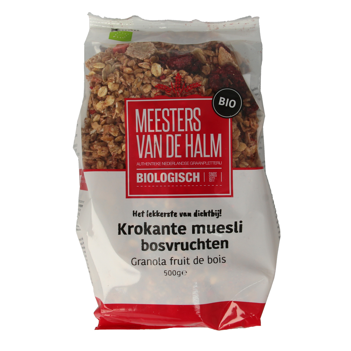 De Halm Muesli krokant bosvruchten bio 500.00 Gram