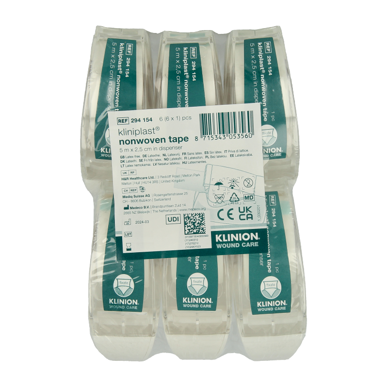 Kliniplast Hechtpleister 5m x 2.5cm non woven luxe 6 Stuks