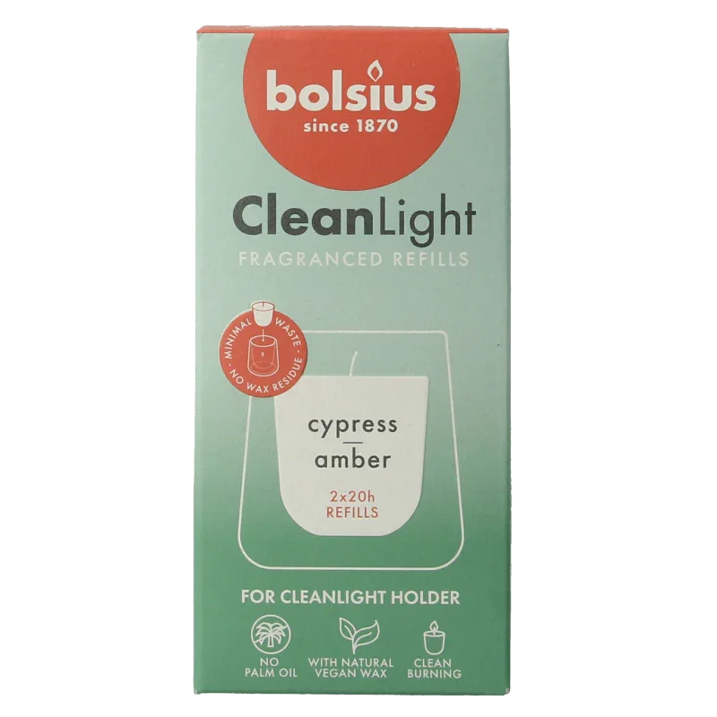Bolsius Clean Light navulling cypress / Amber 2 Stuks