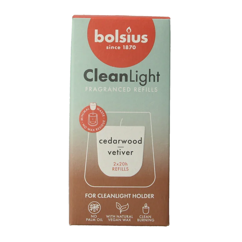 Bolsius Clean Light navulling 2 pack Cedarwood / Vertiver 212 Gram