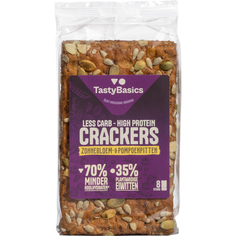 TastyBasics Less carb-high protein crackers zonnebl/pompoenpit 200 Gram