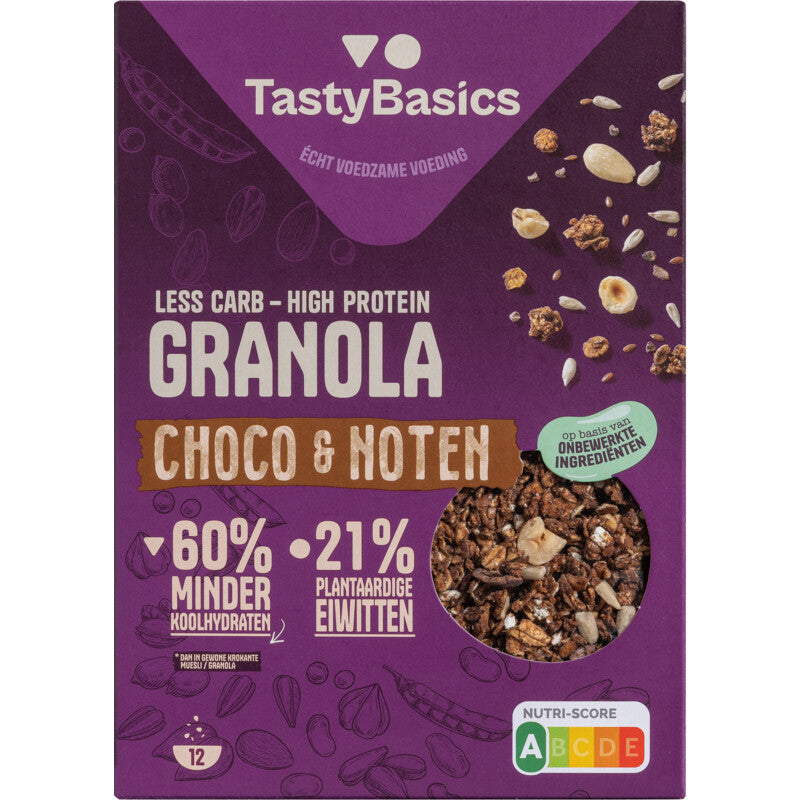 TastyBasics Less carb-high protein granola choco en noten 350 Gram
