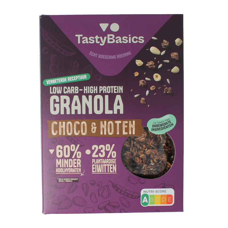 TastyBasics Less carb-high protein granola choco en noten 350 Gram