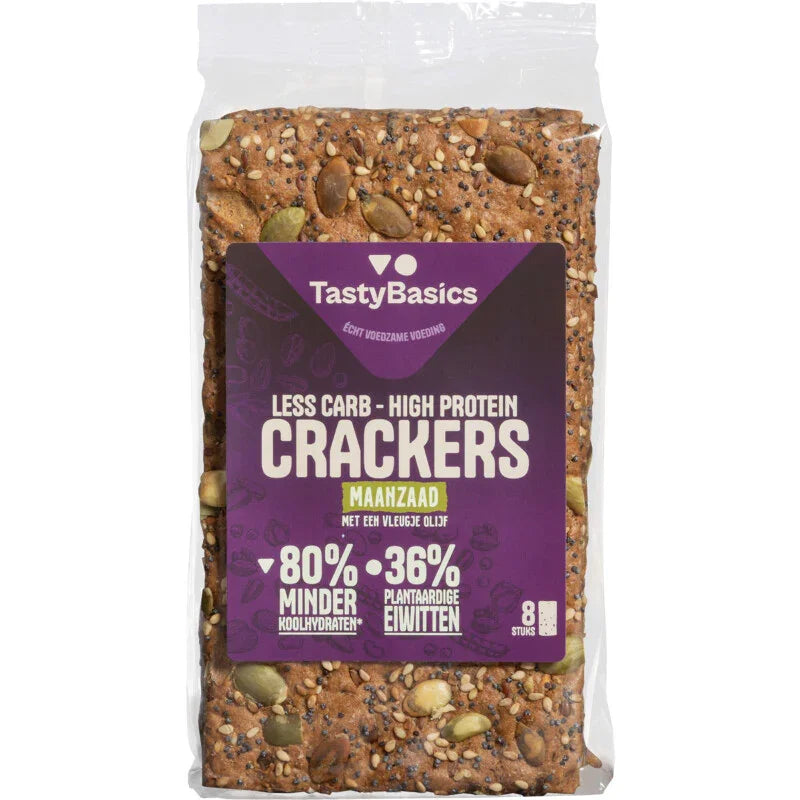 TastyBasics Less carb-high protein crackers maanzaad 200 Gram