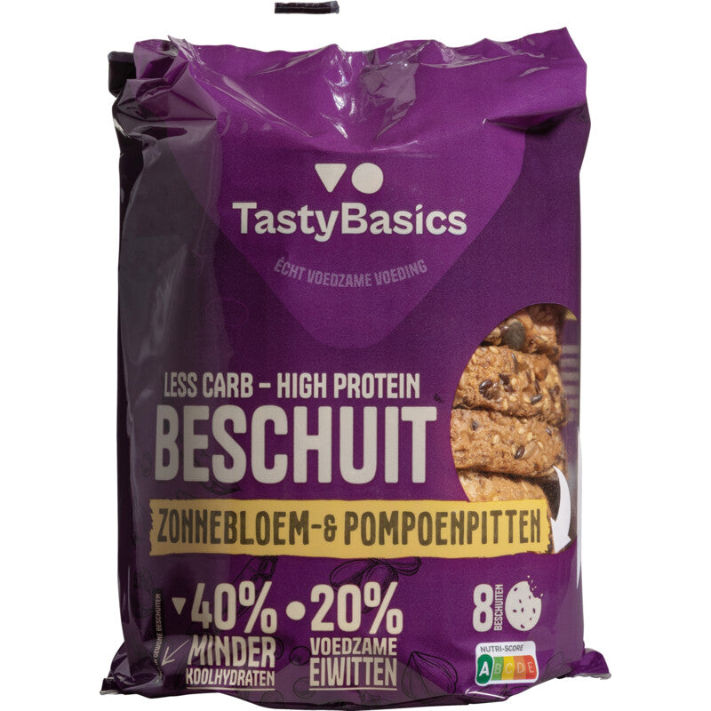 TastyBasics Less carb-high protein beschuit zonnebl/pompoenpit 184 Gram