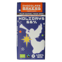 Chocolatemakers Holiday bar 65% met sinaasappel-kruidnagel bio 85 Gram