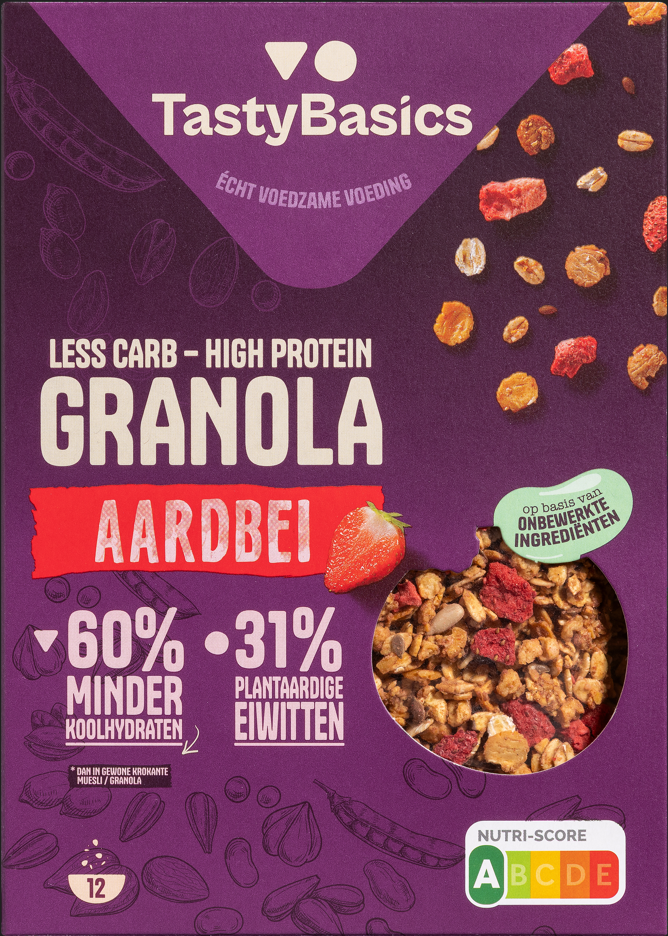 TastyBasics Less carb-high protein granola aardbei 350 Gram