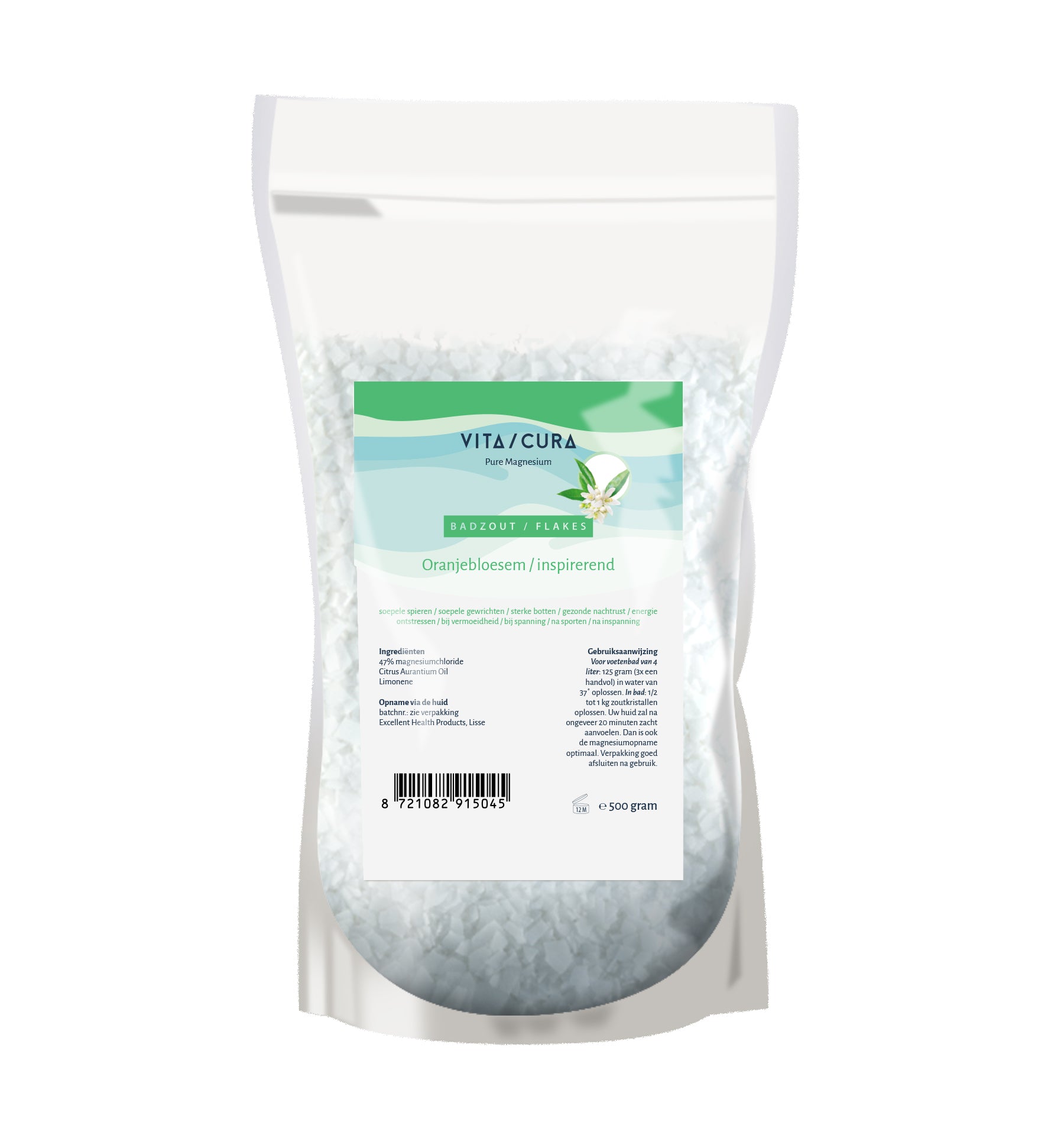 Vitacura Magnesium zout flakes oranjebloesem 500.00 Gram