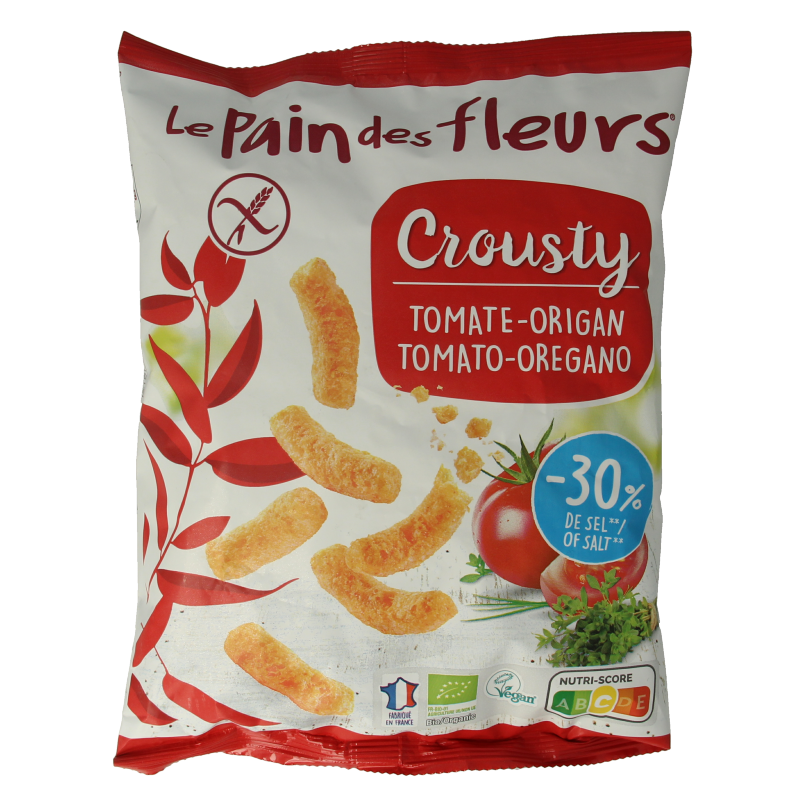 Pain Des Fleurs Chips gepoft tomaat basilicum glutenvrij bio vegan 75 Gram
