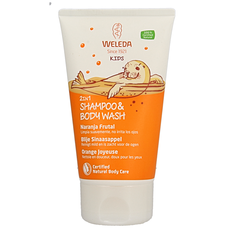 Weleda Kids 2-in-1 shampoo & bodywash blije sinaasappel 150 Milliliter