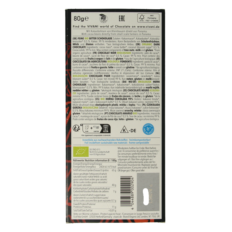 Vivani Chocolade puur 99% kokosbloesemsuiker bio 80 Gram