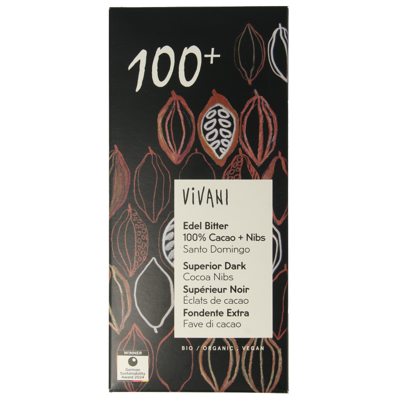 Vivani Chocolade puur 100% + cacao nibs bio 80 Gram