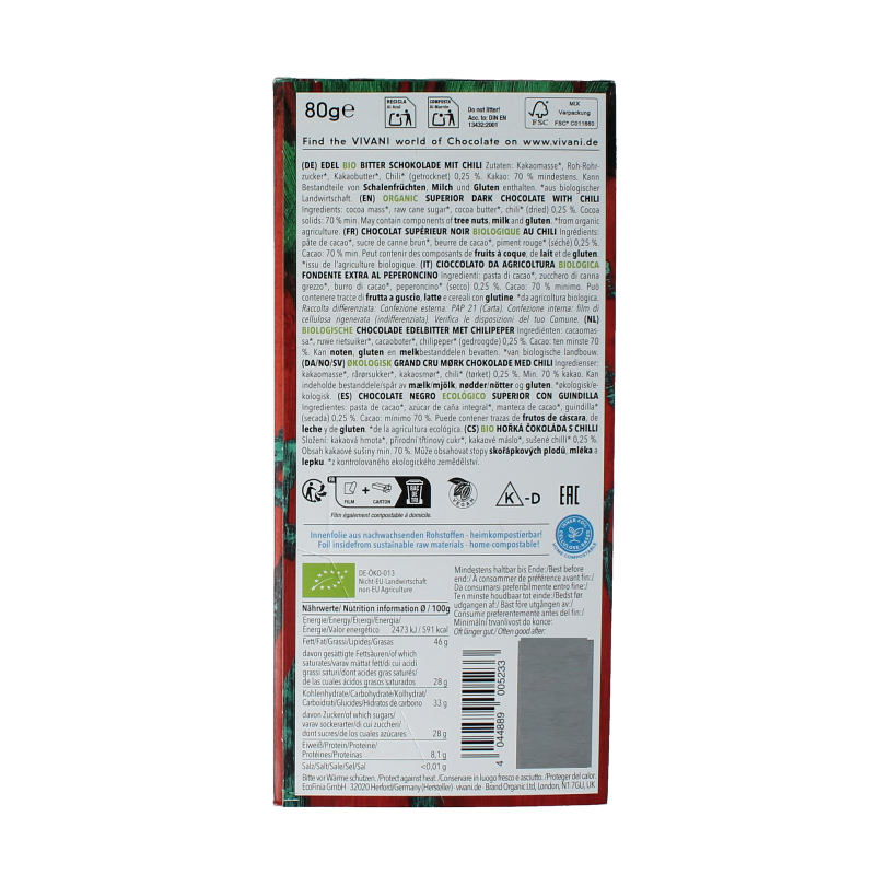 Vivani Chocolade puur chili 70% bio 80 Gram