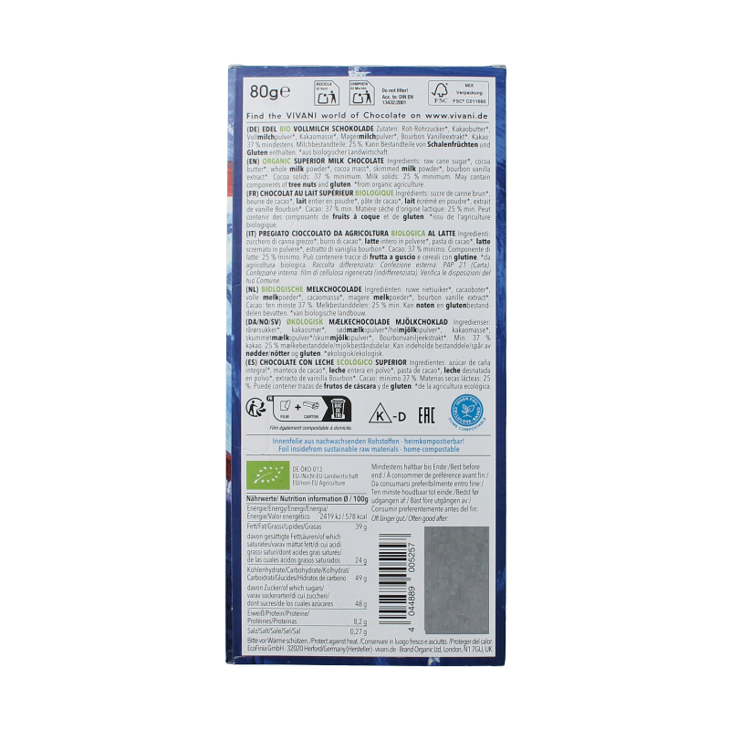 Vivani Chocolade melk 37% bio 80 Gram