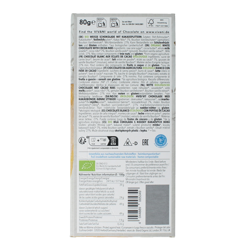 Vivani Chocolade wit stracciatella bio 80 Gram